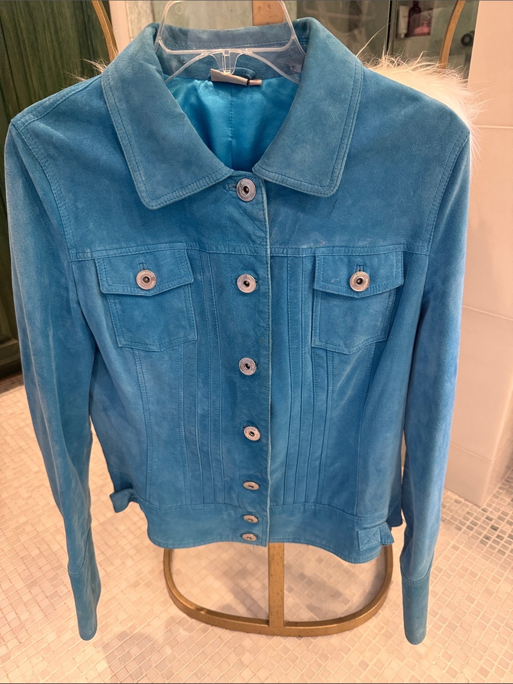 Women's Turquoise Suede Button-Front Jean Jacket